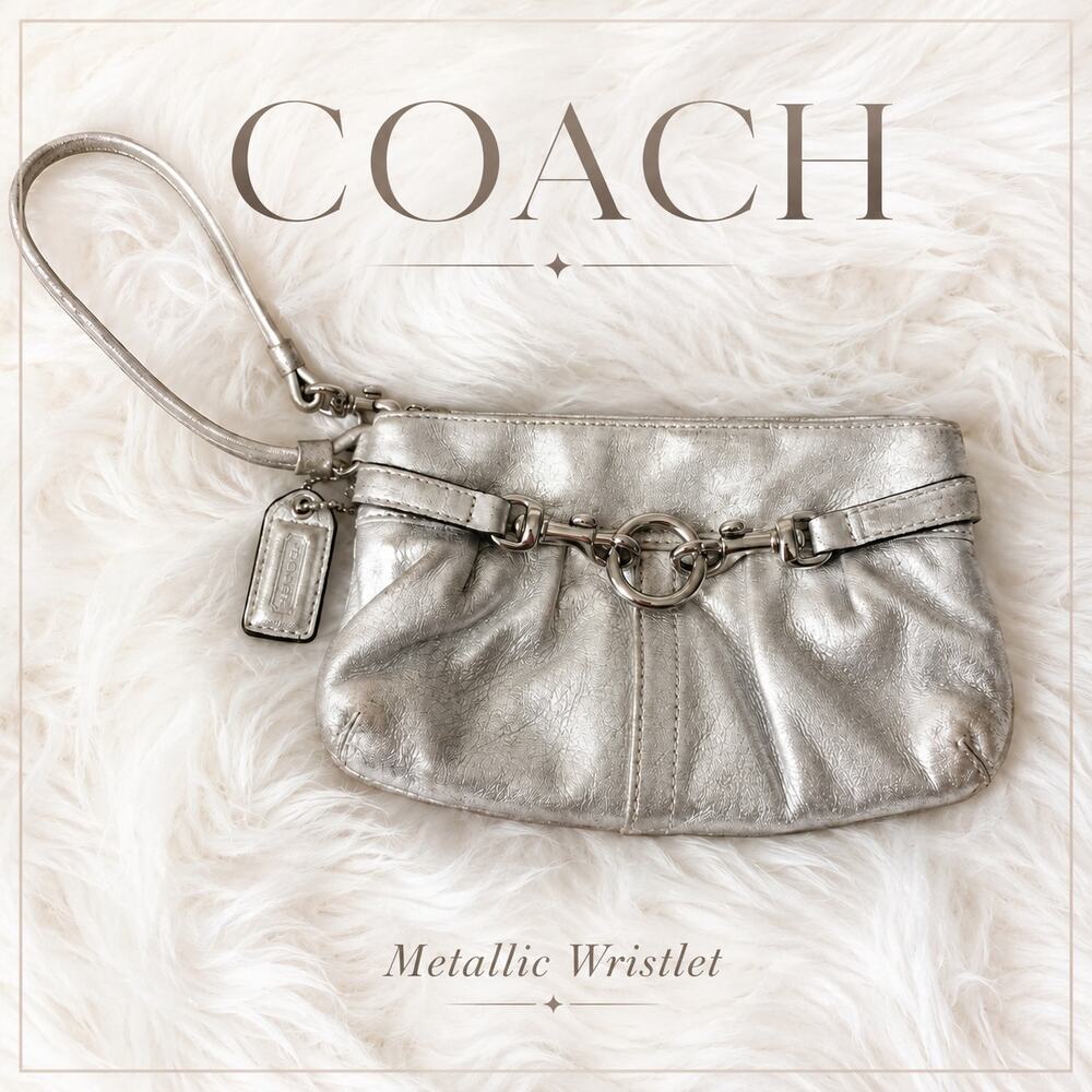 Coach Silver Metallic Leather Wristlet Clutch Pouch Horsebit Accent